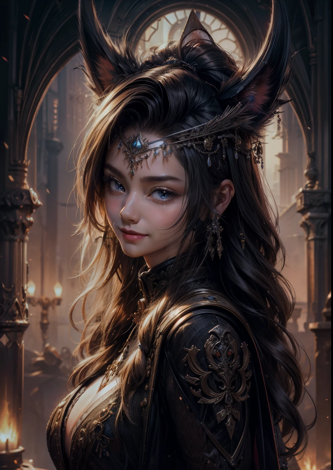 (masterpiece, best quality, high resolution, unity 8k wallpaper, extremely detailed CG:1), (illustration:1.0), 1girl, upper body, portrait, solo, foxyms, headband, gloves, pauldrons, shirt, smile on face