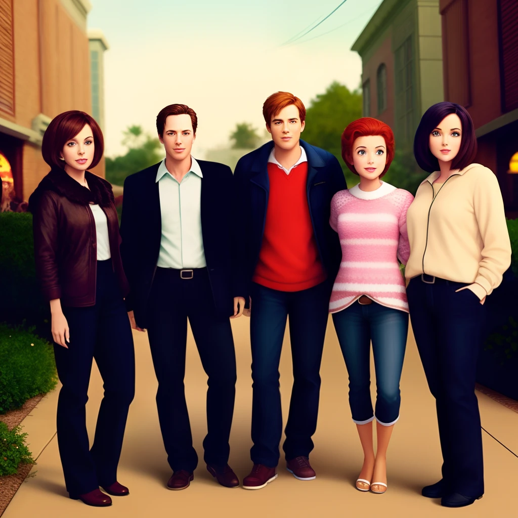 Pixar friend group two brunette women, one ginger man, and one brunette man