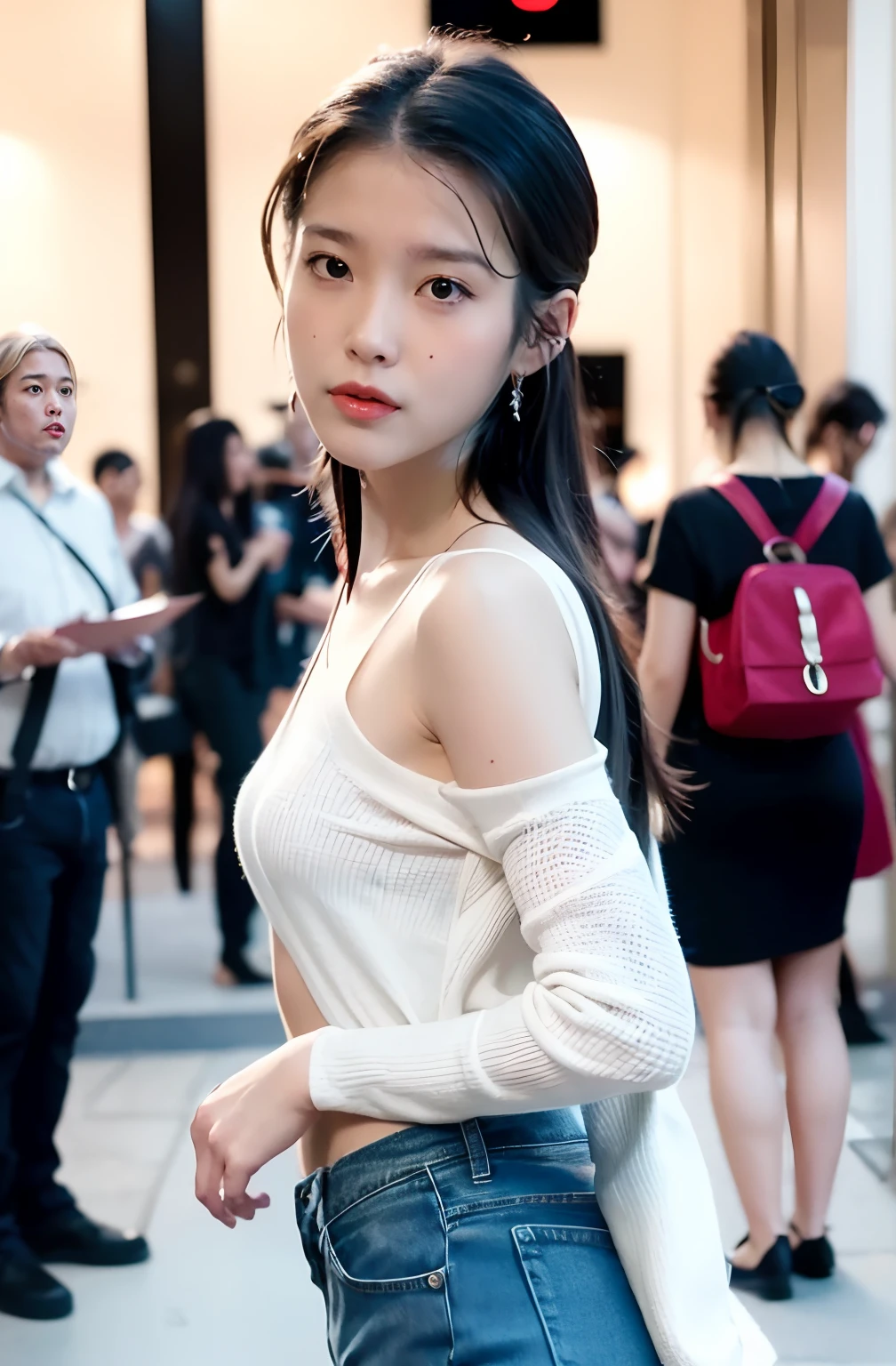 (8k, best quality, masterpiece, ultra highres:1.2) Photo of Pretty Japanese woman beautiful, complete body, beautiful enchanting fashion contemporary painting with a, looking at the viewer, ((highschool background)), (1girl), (white see through tight shirt long sleeves), ((micro denim shorts with open fly )), black hair, long hair, high angle photo of a gorgeous woman, realistic skin texture, looks up, round chin, 300 mm art lens, f 1. 2, sharp focus, 8 k high definition, insanely detailed, intricate, elegant, small breasts, dynamic pose, tiny breasts, whole body picture, showing tiny ass in jeans, 167 cm tall