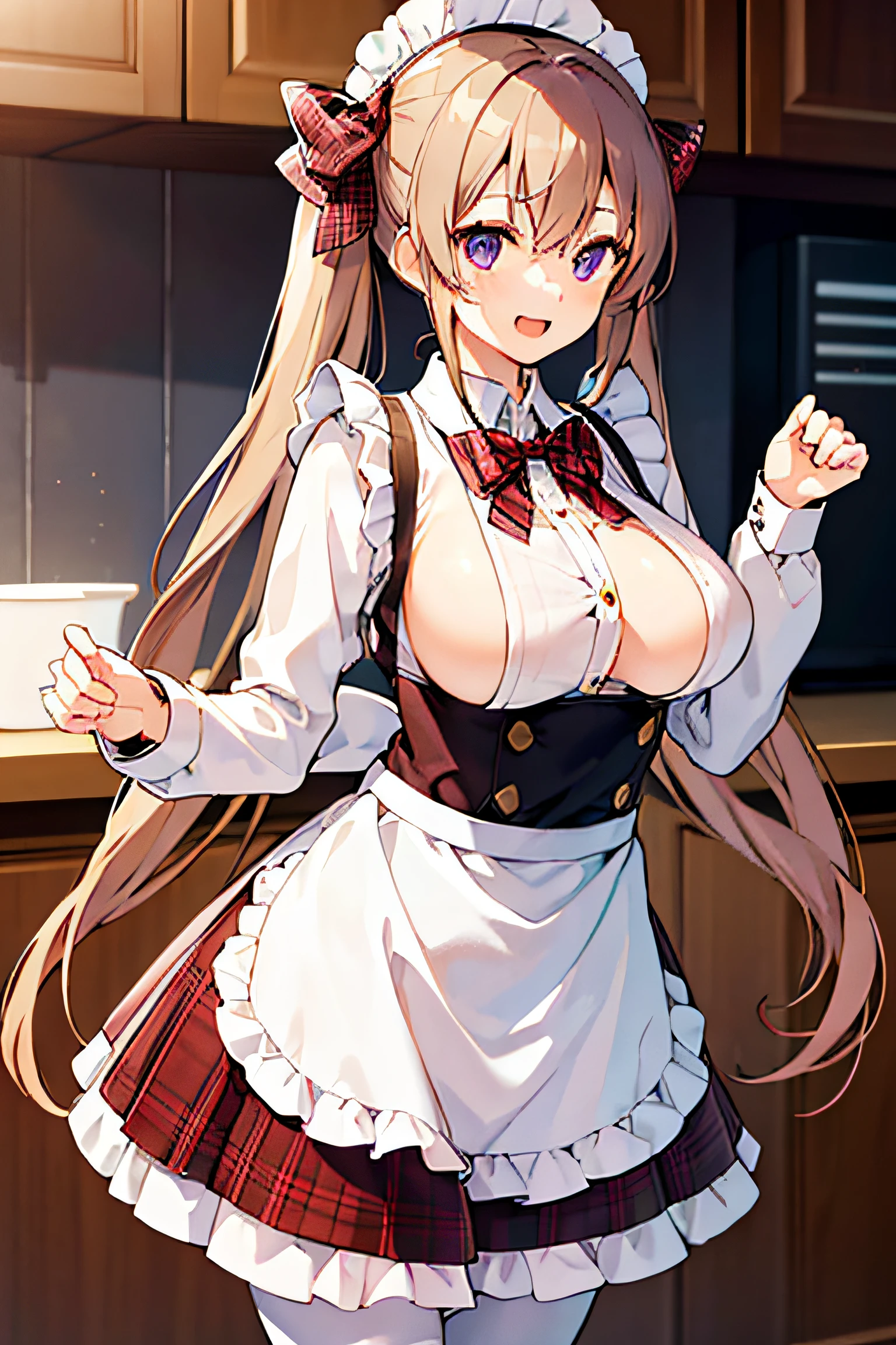 1girl, purple eyes, pantyhose, blush, long hair, twintails, plaid skirt, bow, solo focus, brown hair, bangs, hair between eyes, blue bow, open mouth, smile, indoors, fang, kitchen hood,very long hair, plaid bow, breasts, sleeves past wrists, blonde hair, housewife, apron, waist apron, fangs, maid, fully naked, exposed body, nsfw, nude, extremely nude, completely naked body, hair adornments, anime girl, anime, hentai, Very long hair, Professional artwork, Intricate details, Field of View, Sharp focus, Detailed painting, realistic illumination, trending on pixiv, Standingatattention, ((Female Student)), ((Large breasts:1,3)), Beautiful body,Beautiful nose,Beautiful character design, Perfect eyes, Perfect face, view the viewer, sfv,offcial art,Extremely detailed CG unified 8K wallpapers, Perfect lighting,Colorful, Bright_Front_face_lighting, (Masterpiece:1.0),(Best_quality:1.0), 超A high resolution,4K,Ultra-detailed, Photography, 8K, hdr, A high resolution, absurderes:1.2, Kodak Portra 400, filmgrain, The background is blurred out, Bokeh:1.2, Lens flare, (vibrant_Color:1.2), Shikoku_Ji Ji, (Seductive look), ((view the viewer, Predecessor pose))