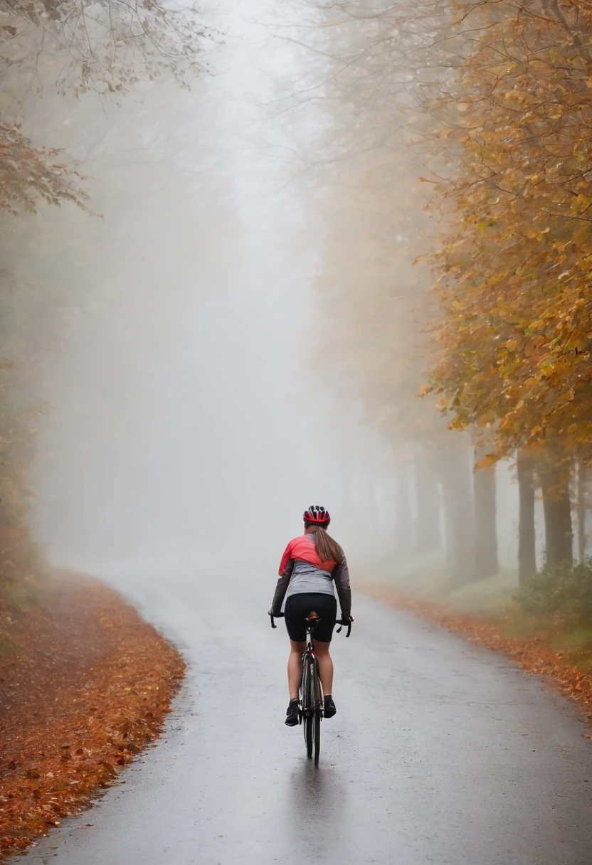 (Junge Frau auf Fahrrad im Nebel, Ansicht von hinten)(Fahrrad von hinten, Ansicht von hinten), pretty young woman Cyclist in dense fog and covered with fog, colorful autumn leaves on the street, ein Bild von Kuno Veeber, Gewinner des Pixabay-Wettbewerbs, Konzeptkunst, Im Regen , ((neblig)) und regnerisch, Bild mit Schatten, in einer regnerischen Umgebung, Regenwetter, Rainy roads in the background , ((Nebel mit Lichtschein)) ((Ansicht von hinten)), Licht von vorn,((keine Autos)), keine Menschen, ((Fahrradfahrer im Nebel)(Ansicht von hinten))
