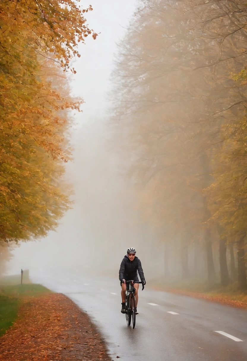 (Junge Frau auf Fahrrad im Nebel, Ansicht von hinten)(Fahrrad von hinten, Ansicht von hinten), pretty young woman Cyclist in dense fog and covered with fog, colorful autumn leaves on the street, ein Bild von Kuno Veeber, Gewinner des Pixabay-Wettbewerbs, Konzeptkunst, Im Regen , ((neblig)) und regnerisch, Bild mit Schatten, in einer regnerischen Umgebung, Regenwetter, Rainy roads in the background , ((Nebel mit Lichtschein)) ((Ansicht von hinten)), Licht von vorn,((keine Autos)), keine Menschen, ((Fahrradfahrer im Nebel)(Ansicht von hinten))