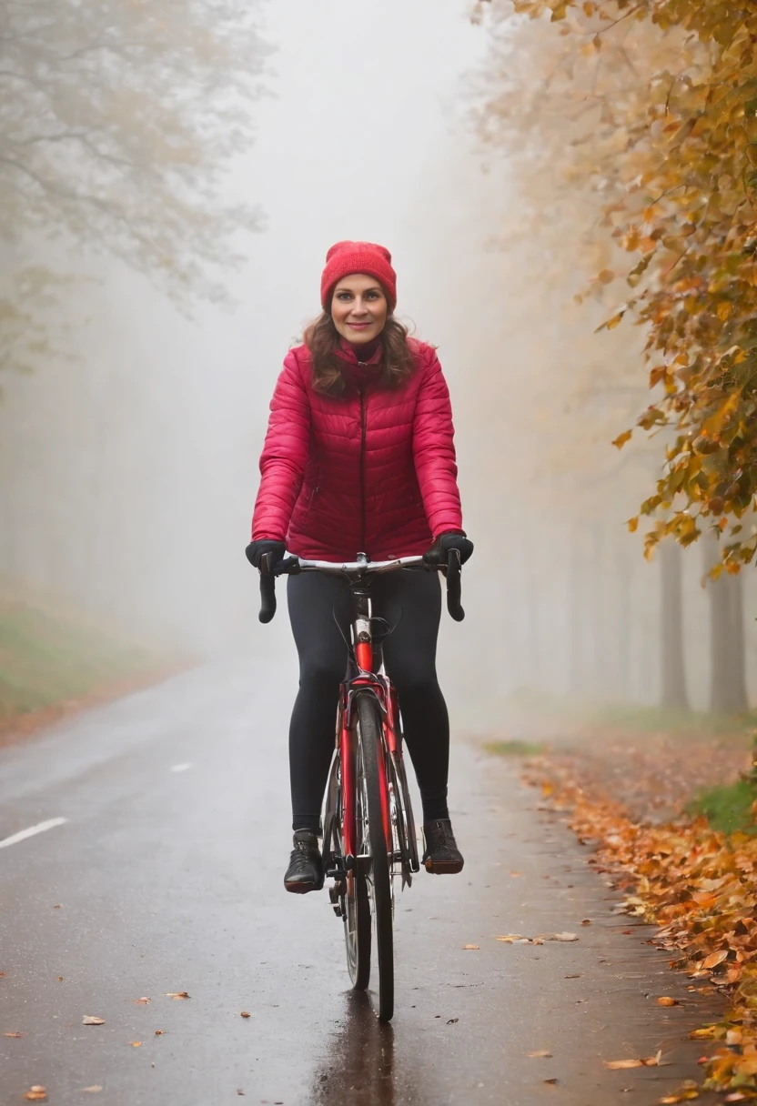 (Junge Frau auf Fahrrad im Nebel, Ansicht von hinten)(Fahrrad von hinten, Ansicht von hinten), pretty young woman Cyclist in dense fog and covered with fog, colorful autumn leaves on the street, ein Bild von Kuno Veeber, Gewinner des Pixabay-Wettbewerbs, Konzeptkunst, Im Regen , ((neblig)) und regnerisch,  Bild mit Schatten, in einer regnerischen Umgebung, Regenwetter, Rainy roads in the background , ((Nebel mit Lichtschein)) ((Ansicht von hinten)), Licht von vorn,((keine Autos)), keine Menschen, ((Fahrradfahrer im Nebel)(Ansicht von hinten))