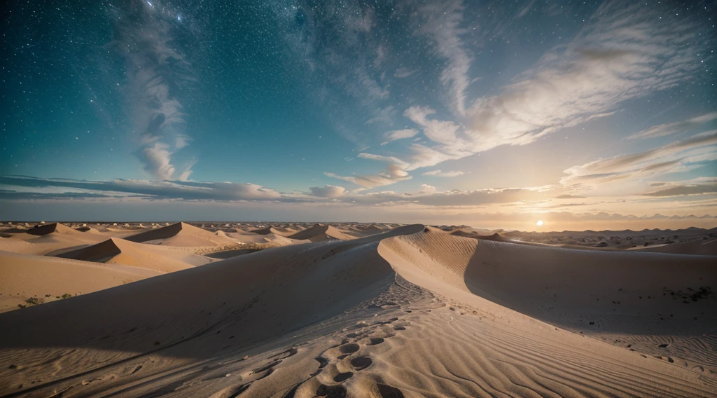 (best quality,4k,High definition),(fotografia realista),(Landscape),(noite muito escura),(Magnificent Dunes),(Starry sky),(ultra-detalhado),(cinemactic),Deserto do Saara,Paisagem noturna,vivid colors,Desert Oasis,Enluarado,Imposing sand formations,silhueta das palmeiras,estrelas cintilantes,atmosfera estranha,tranquilidade misteriosa,Peaceful solitude,escala impressionante,Intricate sand patterns,tons sutis de areia,sombras escuras,silhuetas de colinas distantes,dramatic perspective,luar suave,beleza sublime,serene silence