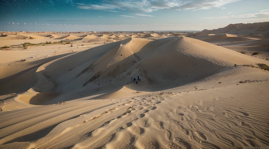 (best quality,4k,High definition),(fotografia realista),(Landscape),(noite muito escura),(Magnificent Dunes),(Starry sky),(ultra-detalhado),(cinemactic),Deserto do Saara,Paisagem noturna,vivid colors,Desert Oasis,Enluarado,Imposing sand formations,silhueta das palmeiras,estrelas cintilantes,atmosfera estranha,tranquilidade misteriosa,Peaceful solitude,escala impressionante,Intricate sand patterns,tons sutis de areia,sombras escuras,silhuetas de colinas distantes,dramatic perspective,luar suave,beleza sublime,serene silence