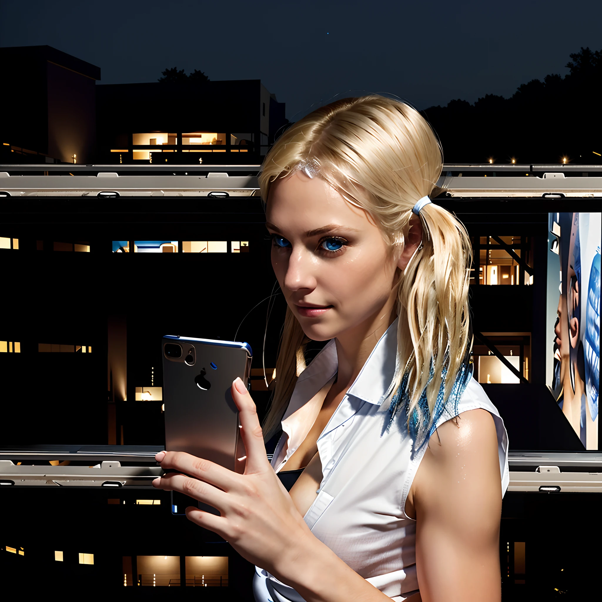 European girl, ,blue eyes, Blonde both side ponytails,deep navel,Sweaty,cleavage, realistic,shinny body,small smile,white shirt,white short pant with black belt,holding phone,night shot