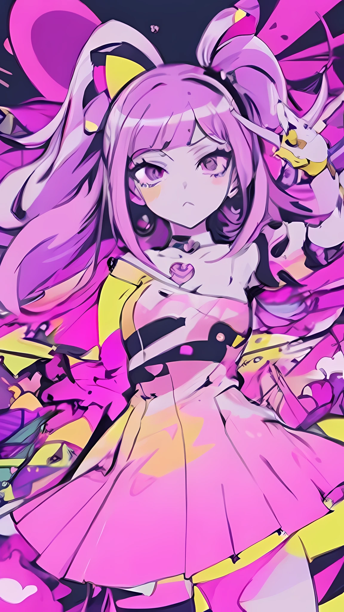 A close-up of a cartoon girl in a purple and yellow dress, Arte digital de Danganronpa, dreamy psychedelic anime, Arte abstracto de anime, Portada del anime, Arte de anime clave detallado, Estilo de arte de persona, glitchy