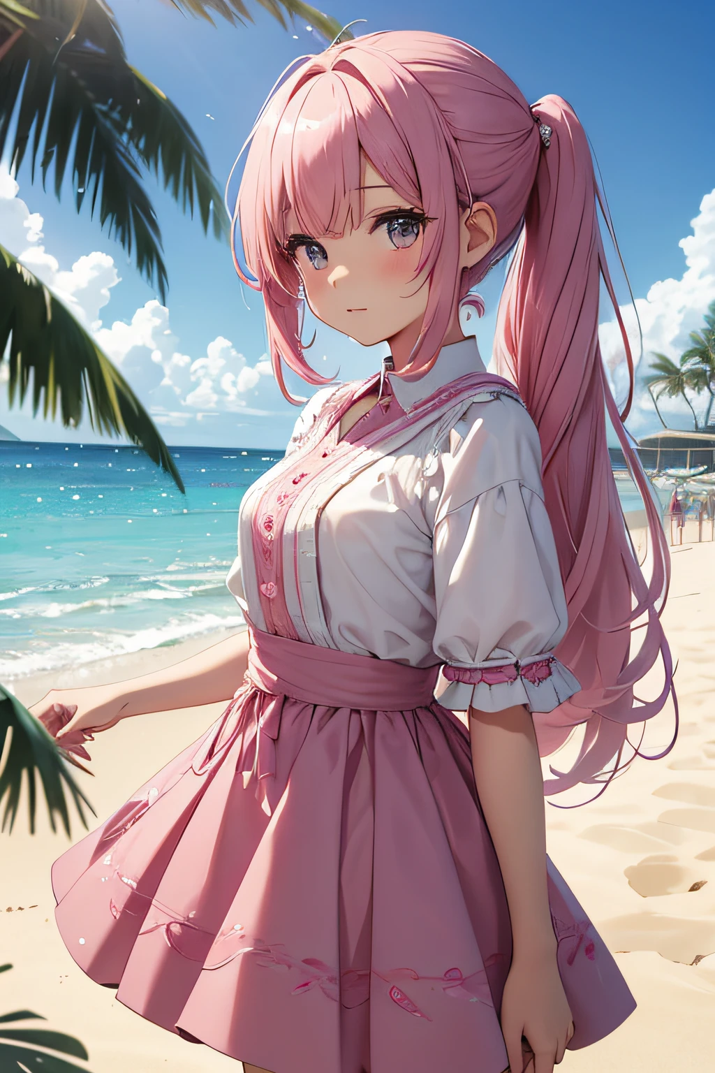 ​masterpiece、Background with（（sea side、sand beach））、15yo student、a beauty girl、Pink hair、Embroidery with attention to detail in the dress、skirt by the、perspiring、Hair wetness、Bunching hair、poneyTail