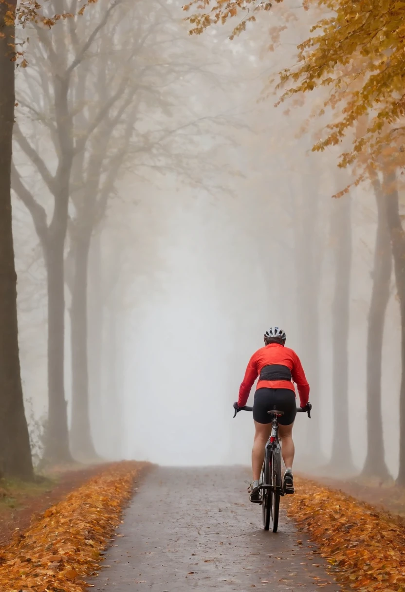 (Junge Frau auf Fahrrad im Nebel, Ansicht von hinten)(Fahrrad von hinten, Ansicht von hinten), pretty young woman Cyclist in background in dense fog and covered with fog, colorful autumn leaves on the street, ein Bild von Kuno Veeber, Gewinner des Pixabay-Wettbewerbs, Konzeptkunst, Im Regen , ((neblig)) und regnerisch,  Bild mit Schatten, in einer regnerischen Umgebung, Regenwetter, Rainy roads in the background , ((Nebel mit Lichtschein)) ((Ansicht von hinten)), Licht von vorn,((keine Autos)), keine Menschen, ((Fahrradfahrer im Nebel)(Ansicht von hinten))