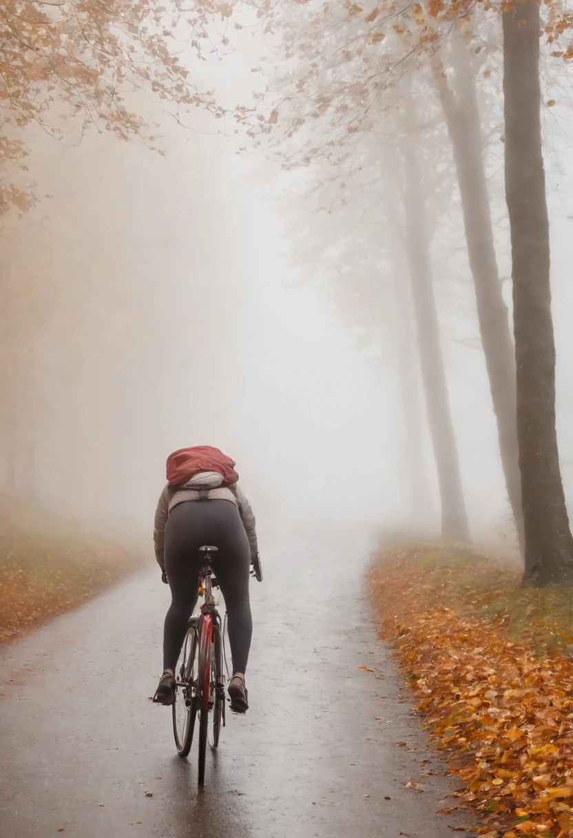 (Junge Frau auf Fahrrad im Nebel, Ansicht von hinten)(Fahrrad von hinten, Ansicht von hinten), pretty young woman Cyclist in background in dense fog and covered with fog, colorful autumn leaves on the street, ein Bild von Kuno Veeber, Gewinner des Pixabay-Wettbewerbs, Konzeptkunst, Im Regen , ((neblig)) und regnerisch, Bild mit Schatten, in einer regnerischen Umgebung, Regenwetter, Rainy roads in the background , ((Nebel mit Lichtschein)) ((Ansicht von hinten)), Licht von vorn,((keine Autos)), keine Menschen, ((Fahrradfahrer im Nebel)(Ansicht von hinten))