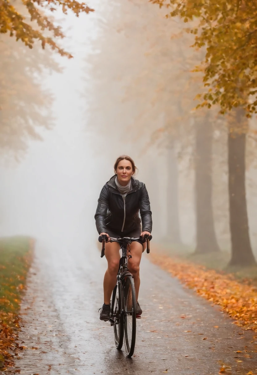 (Junge Frau auf Fahrrad im Nebel, Ansicht von hinten)(Fahrrad von hinten, Ansicht von hinten), pretty young woman Cyclist in background in dense fog and covered with fog, colorful autumn leaves on the street, ein Bild von Kuno Veeber, Gewinner des Pixabay-Wettbewerbs, Konzeptkunst, Im Regen , ((neblig)) und regnerisch, Bild mit Schatten, in einer regnerischen Umgebung, Regenwetter, Rainy roads in the background , ((Nebel mit Lichtschein)) ((Ansicht von hinten)), Licht von vorn,((keine Autos)), keine Menschen, ((Fahrradfahrer im Nebel)(Ansicht von hinten))