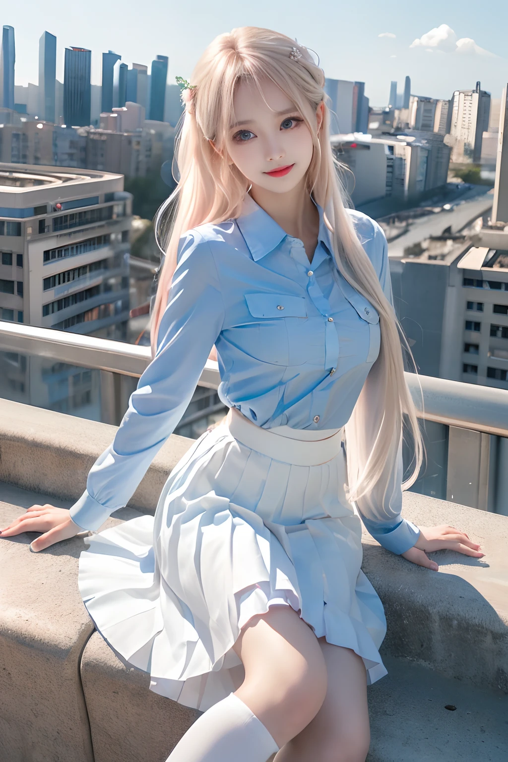 official art, masterpiece, sharp focus, (beautiful gorgeous cute Korean woman:1.3), (beautiful cute korean:1.3), korean beauty, Delicate and beautiful hair and eyes and face, realistic, ultra detailed, beautiful girl, blue sky, glow white particle, (sidelighting:1.2), sun light, white cloud, detailed clouds, slender, Lovely very large breasts and very large hips, smile with teeth, ((smile with eyes, open both eyes)), scenery, long straight hair, sexy facial expression, building, (cityscape:1.7), dynamic hair, long straight hair, detailed platinum pink hair, glow blue eyes, (blue pleated shirts + white skirt), white long socks, pale skin, hair ornament, epic scenery,