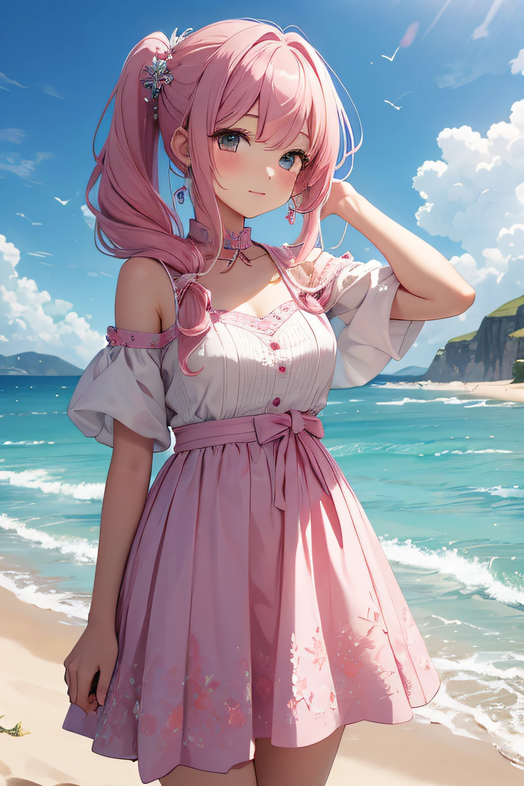 masterpiece、Background with((sea side、sand beach))、15yo student、a beauty girl、Pink hair、Embroidery with attention to detail in the dress、skirt by the、perspiring、Hair wetness、Bunching hair、poneyTail
