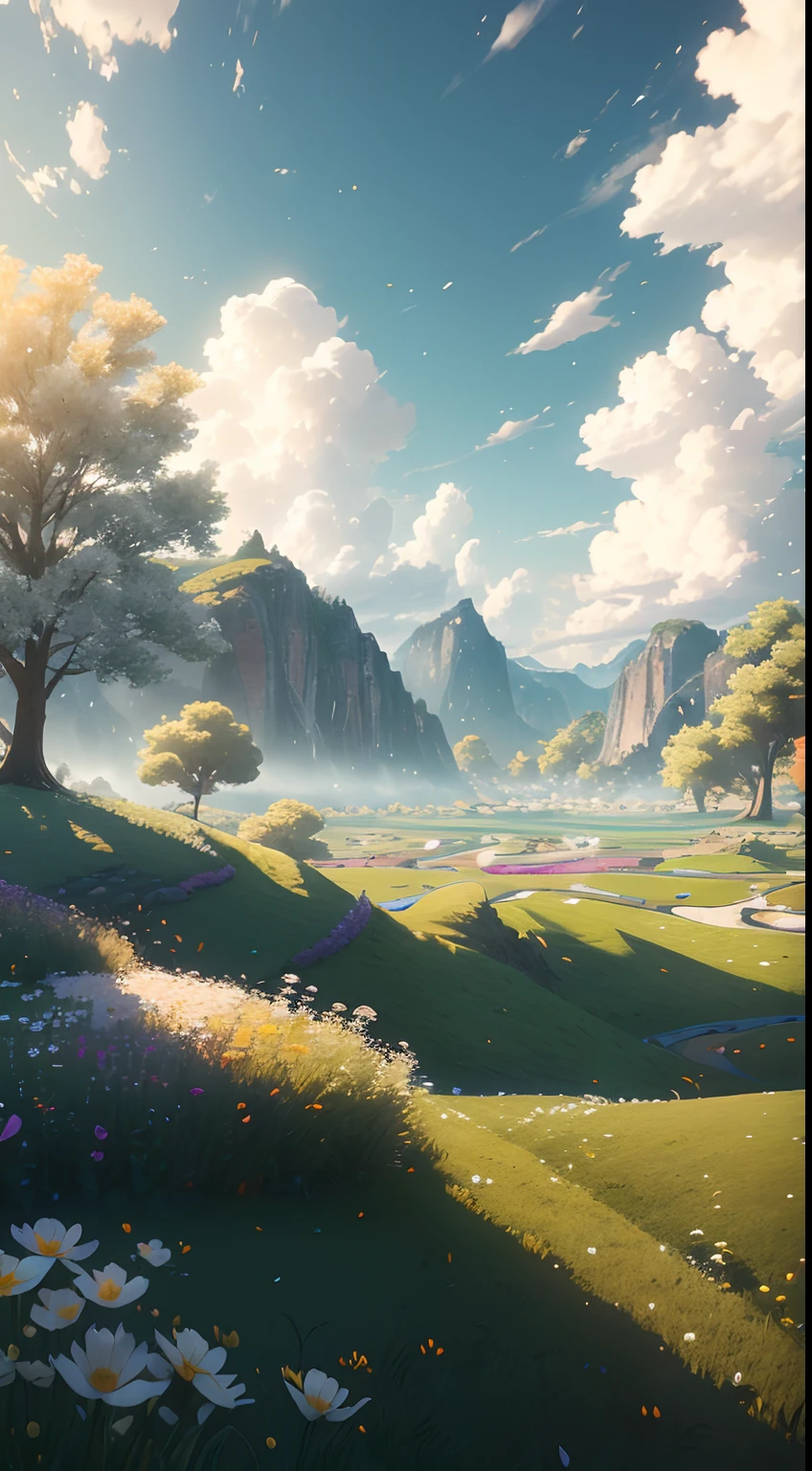 (extremely detailed CG unity 8k wallpaper, masterpiece, best quality, ultra-detailed), luminosity +1.5, floating, high saturation, a serene, idyllic grassland, featuring multicolored petals and foliage, a clear, blue sky, and white, fluffy clouds.