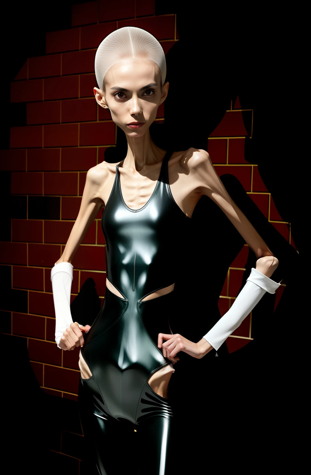 Extremely thin woman, A thin body，The sternum is evident，Slim waist，The ribs are noticeable，The pelvis is very visible，White skin of the，Thin shoulders，Very slim waist，Extremely skinny，Sunken abdomen，Skin and bones，short detailed hair，Haggard face，Wear a tight-fitting one-piece latex suit，Asian face