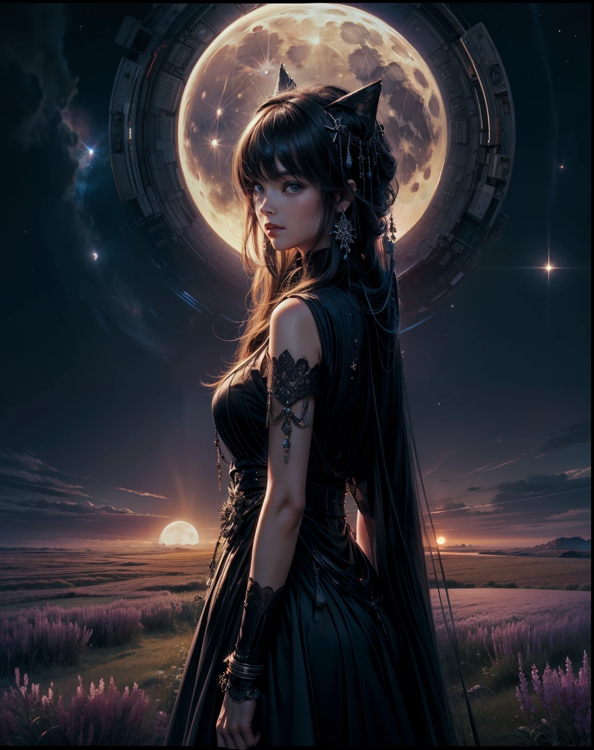 expansive landscape photography, (a bottom view showing the sky above and open country below), a girl standing in a field of flowers looking up, (full moon: 1.2), (shooting stars: 0.9), (nebula : 1.3), distant mountain, BREAK tree production art, (warm lig...
