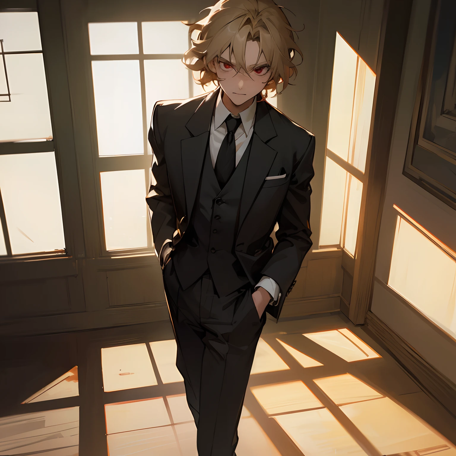 (best quality,4k,8k,highres,masterpiece:1.2),ultra-detailed,realistic,blonde messy hair,red eyes,Hirihiko Araki,black tuxedo suit,young male,standing in front of a window inside a building,intense gaze,sharp facial features,slightly tilted head,confident posture,vibrant colors,anime style,window with sunlight streaming in,bricks on the wall,cityscape outside the window,subtle shadows,contrast between light and dark,textured curtains,bold artistic strokes,eye-catching background details