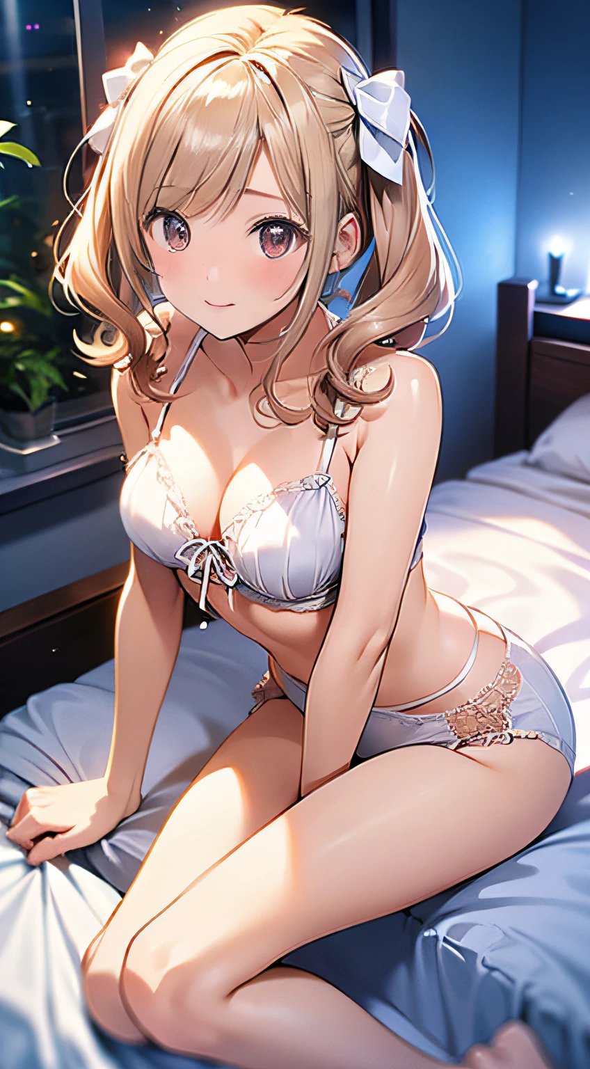 in 8K、top-quality、​masterpiece、ultra-detailliert、Ultra-high resolution、((1 persons))、girl with、a blond、Twin-tailed、Medium chest、(((on the beds)))、White transparent underwear