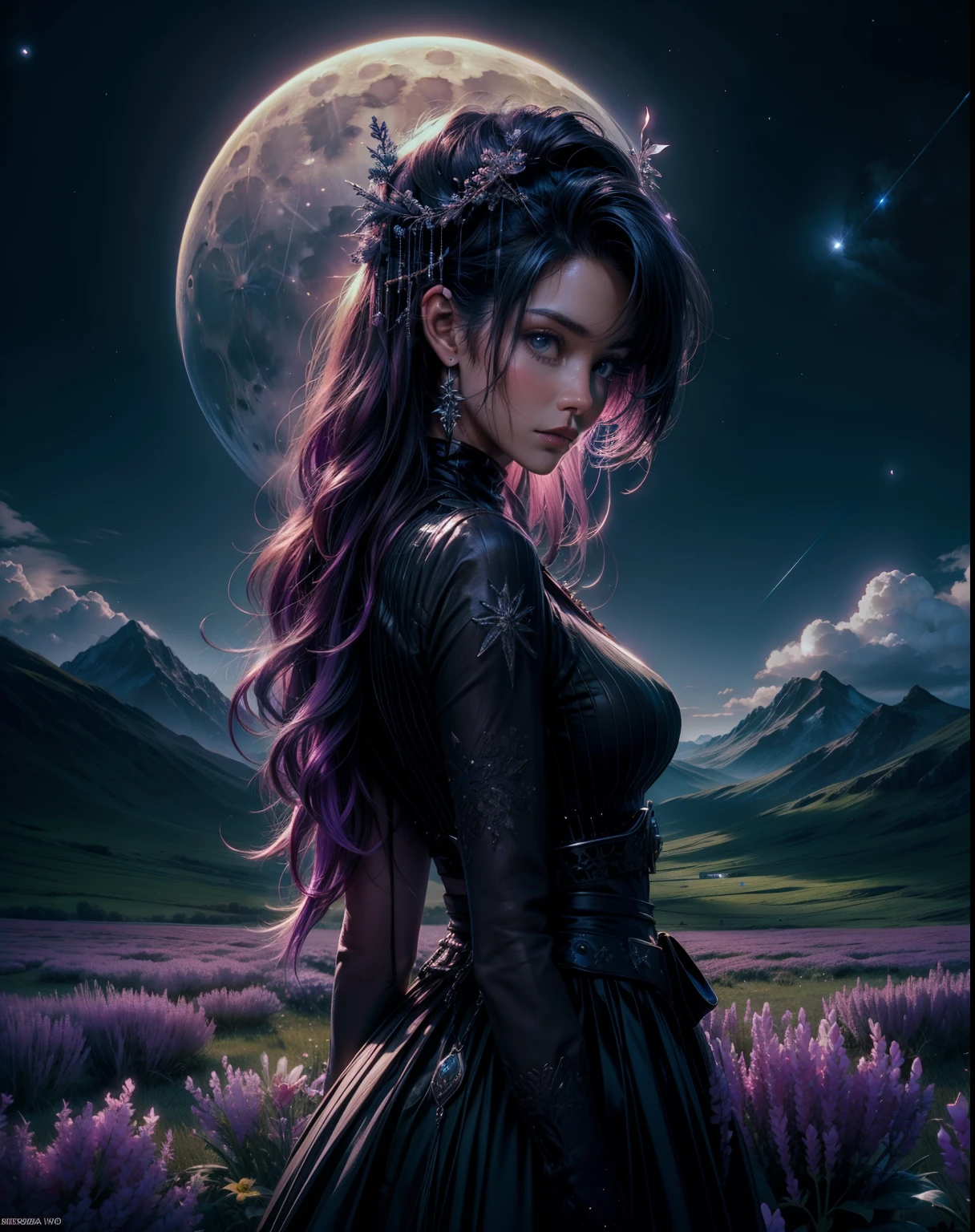 expansive landscape photography, (a bottom view showing the sky above and open country below), a girl standing in a field of flowers looking up, (full moon: 1.2), (shooting stars: 0.9), (nebula : 1.3), distant mountain, BREAK tree production art, (warm lig...