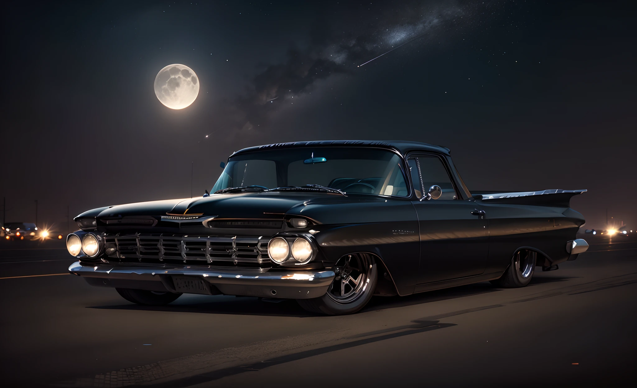 a towering black 1959 Chevy El Camino with its headlights on on an East Los Angeles street at night full of stars with Saturn appearing with the rings and comets crossing the sky and with the full moon illuminated and reflecting objects. Grafitti nos muros e carros e a rua molhada e refletiva com as faixas de pedestre . 1990, estilo gangster