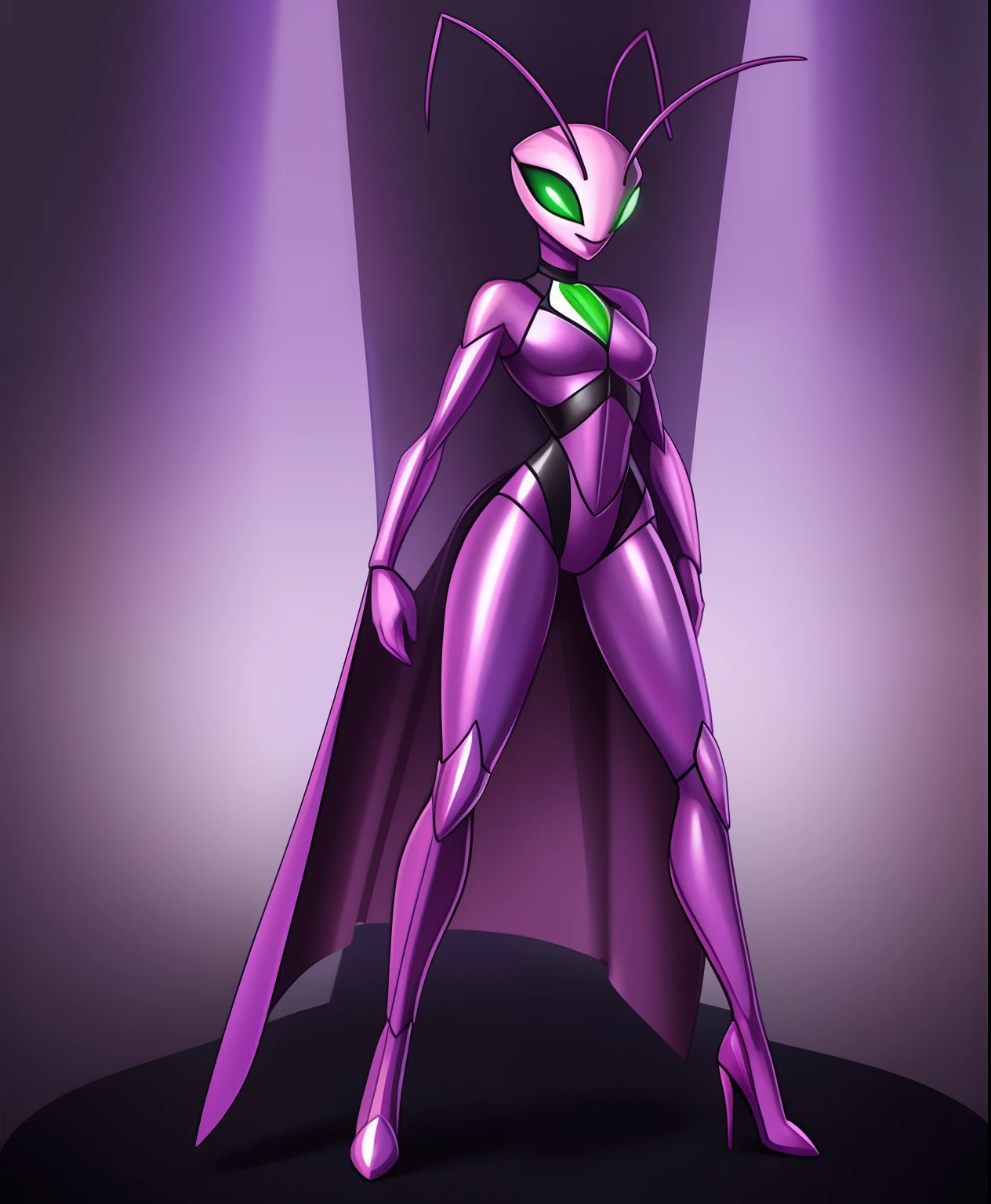 Mistrust the female mantis supervillain, antennas, purple lipstick, full body view
