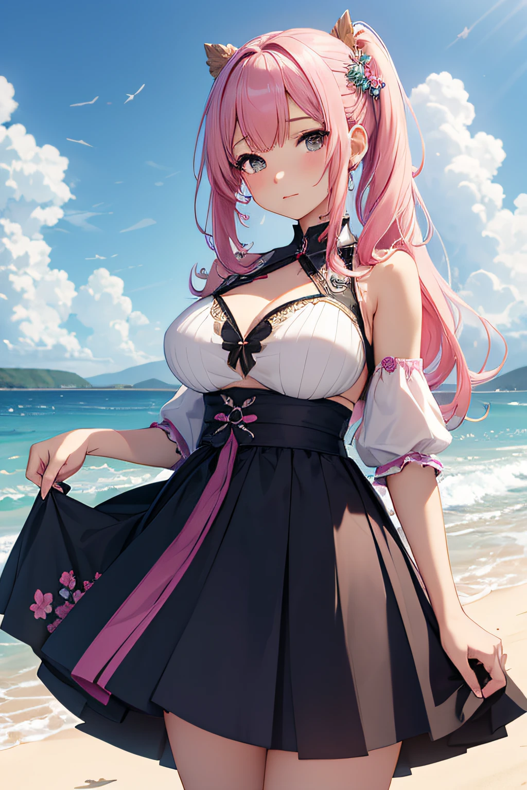 masterpiece、Background with((sea side、sand beach))、、a beauty girl、Pink hair、huge tit、Embroidery with attention to detail in the dress、skirt by the、perspiring、Hair wetness、Bunching hair、poneyTail