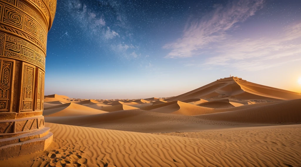 A landscape in Arabia reminiscent of the tales of the Arabian Nights, (best quality, Altas, master part:1.2) ultra-detalhado, (Realistic:1.37) breath-taking sunset, Golden sand dunes that stretch as far as the eye can see, camelos vagando graciosamente pelo vasto deserto, Mystical oasis with palm trees providing shade and tranquility, Ancient Arabic architecture with intricate patterns and domes, Vibrant market with colorful spices and exotic treasures, A magic carpet flying across the sky full of stars, Passionate belly dancers enchanting the audience, o cheiro de oud e incenso enchendo o ar, luz de velas quente iluminando a noite, creating a sense of enchantment and mystery.