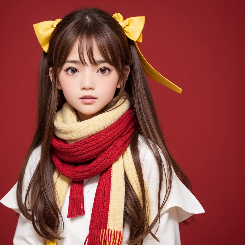 km, 1girl in, ascot, blush, Bow, Brown eyes, Brown hair, Hair Bow, hair tubes, komono, Long hair, mittens, nontraditional miko, 1-hour drawing challenge, Open mouth, Portrait, Red bow, Red mittens, scarf, side locks, Simple background, Solo, White background, yellow ascot, yellow scarf