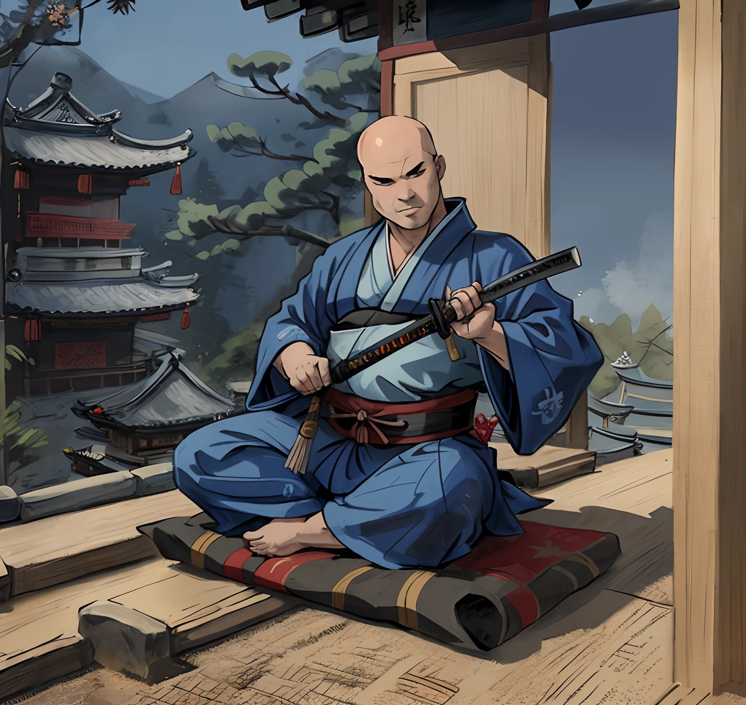 (samurai: extremally fat, bald, round face,double chin blue kimono, holding katana), ( background: ancient china village, blue banners)