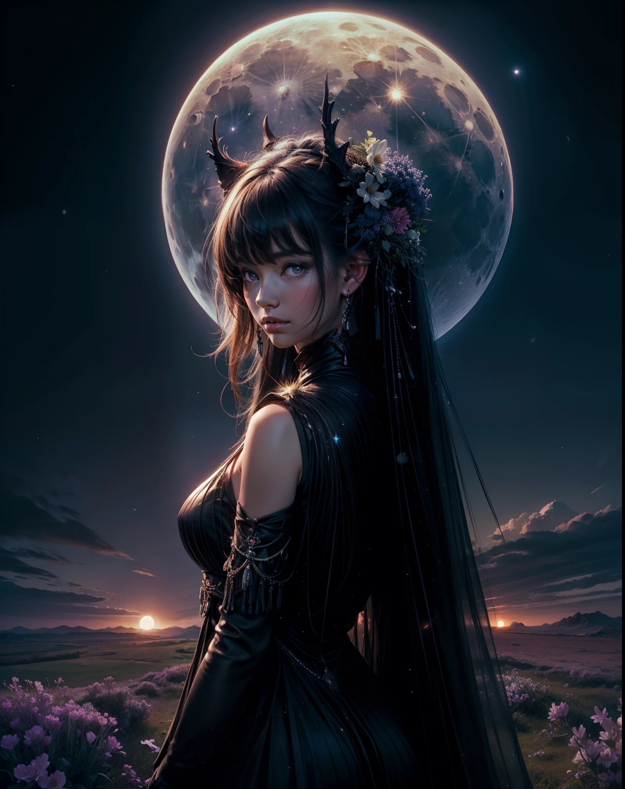 expansive landscape photography, (a bottom view showing the sky above and open country below), a girl standing in a field of flowers looking up, (full moon: 1.2), (shooting stars: 0.9), (nebula : 1.3), distant mountain, BREAK tree production art, (warm lig...