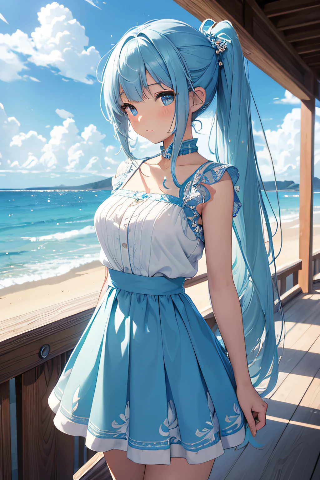 ​masterpiece、Background with（（sea side、sand beach））、、a beauty girl、lightblue hair、Embroidery with attention to detail in the dress、skirt by the、perspiring、Hair wetness、Bunching hair、poneyTail