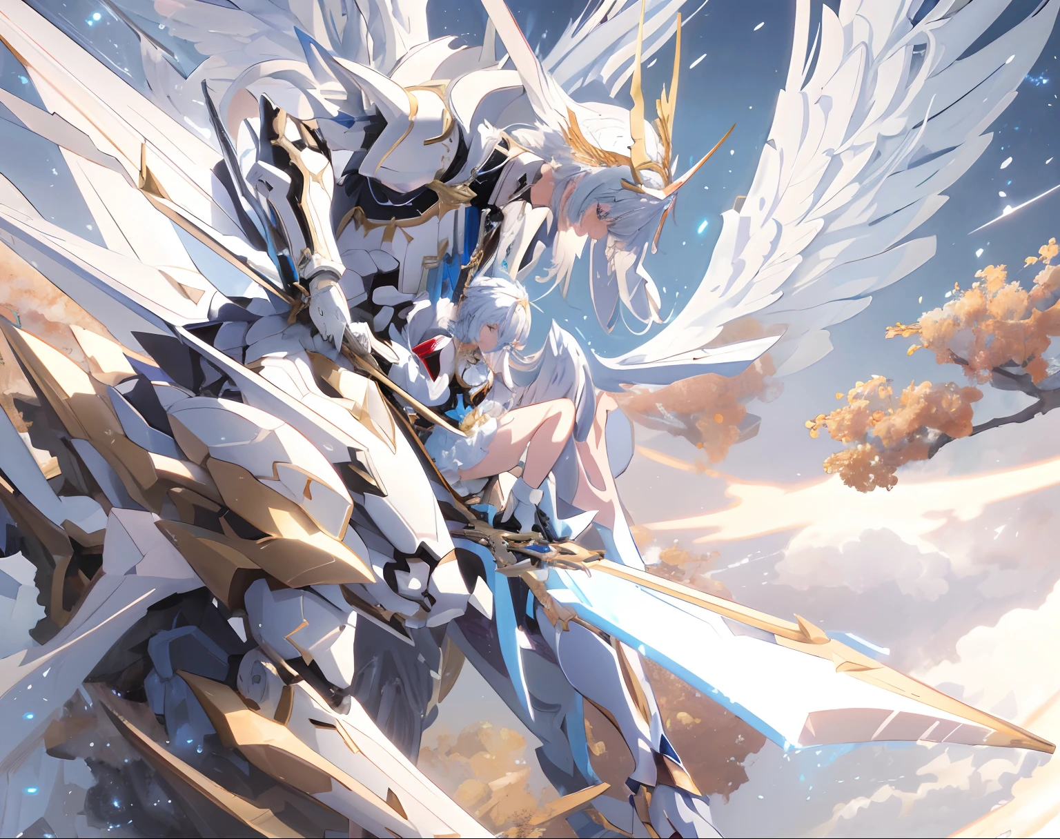 Anime character with wings and sword in white and gold costume, ethereal and mecha theme, anime mecha aesthetic, Detailed anime artwork, Detailed key anime art, Detailed digital anime art, Best anime 4k konachan wallpaper, detailed anime art, clean and meticulous anime art, anime robotic mixed with organic, mecha asthetic, ferra white mecha