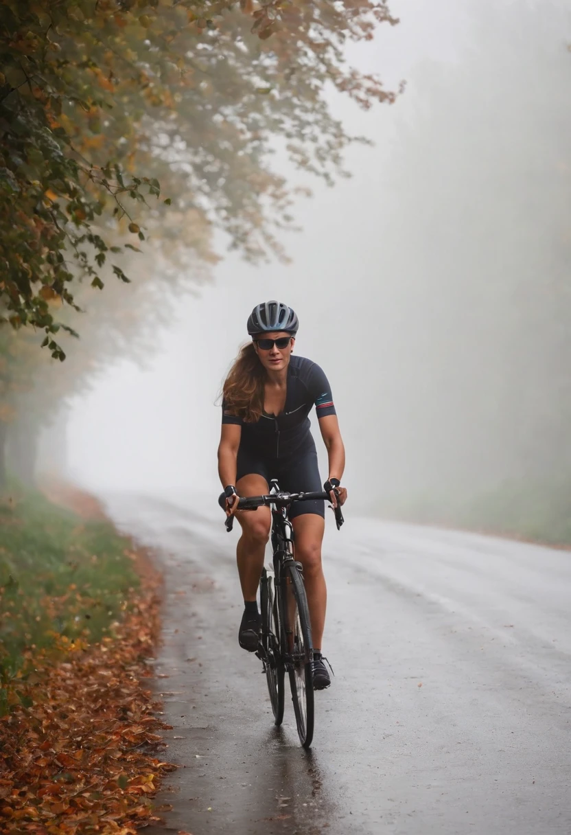 pretty young woman Cyclist moves into the background, she is visible from behind, Ansicht von hinten, (Fahrrad von hinten), Ansicht von hinten), pretty young woman Cyclist in background in dense fog and covered with fog, colorful autumn leaves on the street, ein Bild von Kuno Veeber, Gewinner des Pixabay-Wettbewerbs, Konzeptkunst, Im Regen , ((neblig)) und regnerisch, Bild mit Schatten, in einer regnerischen Umgebung, Regenwetter, Rainy roads in the background , ((Nebel mit Lichtschein)) ((Ansicht von hinten)), Licht von vorn,((keine Autos)), keine Menschen, ((Fahrradfahrer im Nebel)(Ansicht von hinten))