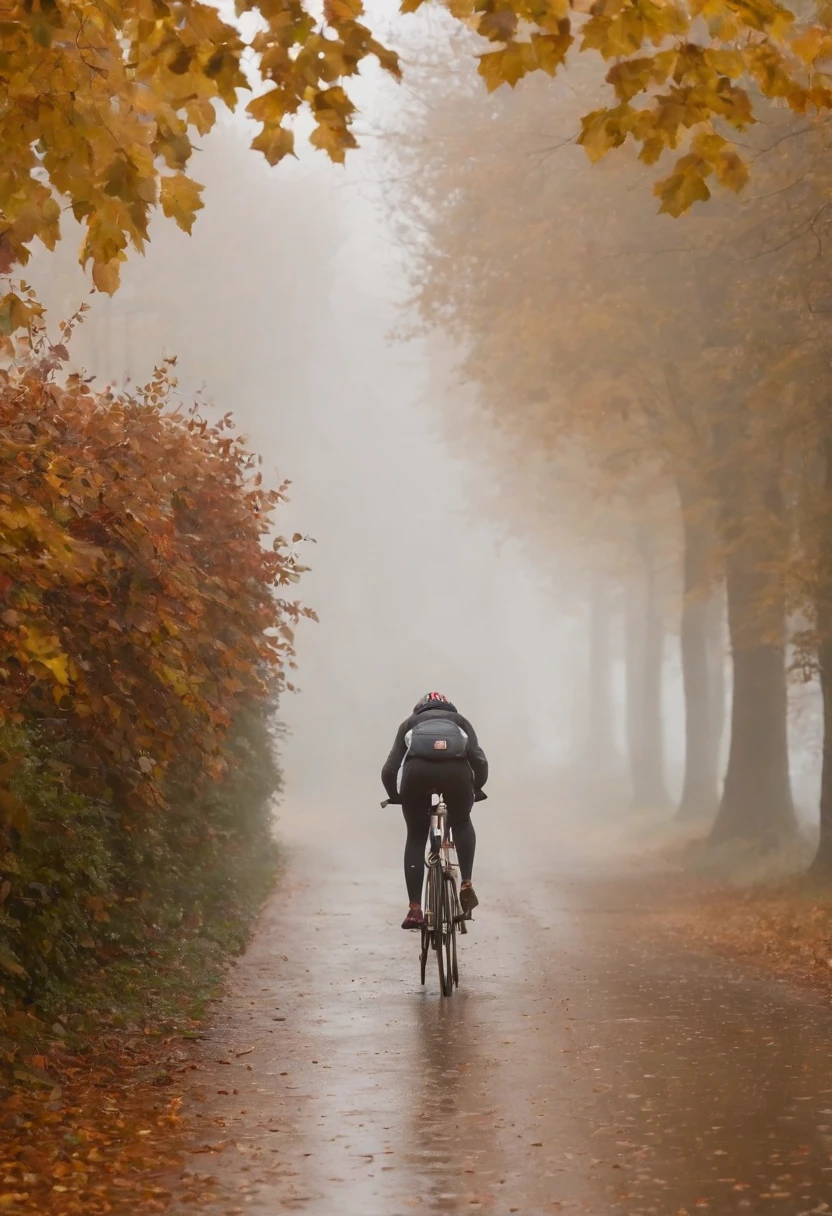 pretty young woman Cyclist moves into the background, she is visible from behind, Ansicht von hinten, (Fahrrad von hinten), Ansicht von hinten), pretty young woman Cyclist in background in dense fog and covered with fog, colorful autumn leaves on the street, ein Bild von Kuno Veeber, Gewinner des Pixabay-Wettbewerbs, Konzeptkunst, Im Regen , ((neblig)) und regnerisch, Bild mit Schatten, in einer regnerischen Umgebung, Regenwetter, Rainy roads in the background , ((Nebel mit Lichtschein)) ((Ansicht von hinten)), Licht von vorn,((keine Autos)), keine Menschen, ((Fahrradfahrer im Nebel)(Ansicht von hinten))