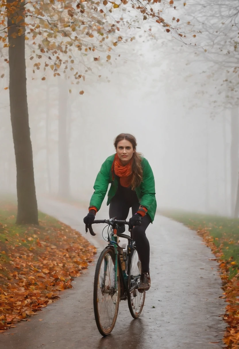 pretty young woman Cyclist moves into the background, she is visible from behind, Ansicht von hinten, (Fahrrad von hinten), Ansicht von hinten), pretty young woman Cyclist in background in dense fog and covered with fog, colorful autumn leaves on the street, ein Bild von Kuno Veeber, Gewinner des Pixabay-Wettbewerbs, Konzeptkunst, Im Regen , ((neblig)) und regnerisch,  Bild mit Schatten, in einer regnerischen Umgebung, Regenwetter, Rainy roads in the background , ((Nebel mit Lichtschein)) ((Ansicht von hinten)), Licht von vorn,((keine Autos)), keine Menschen, ((Fahrradfahrer im Nebel)(Ansicht von hinten))
