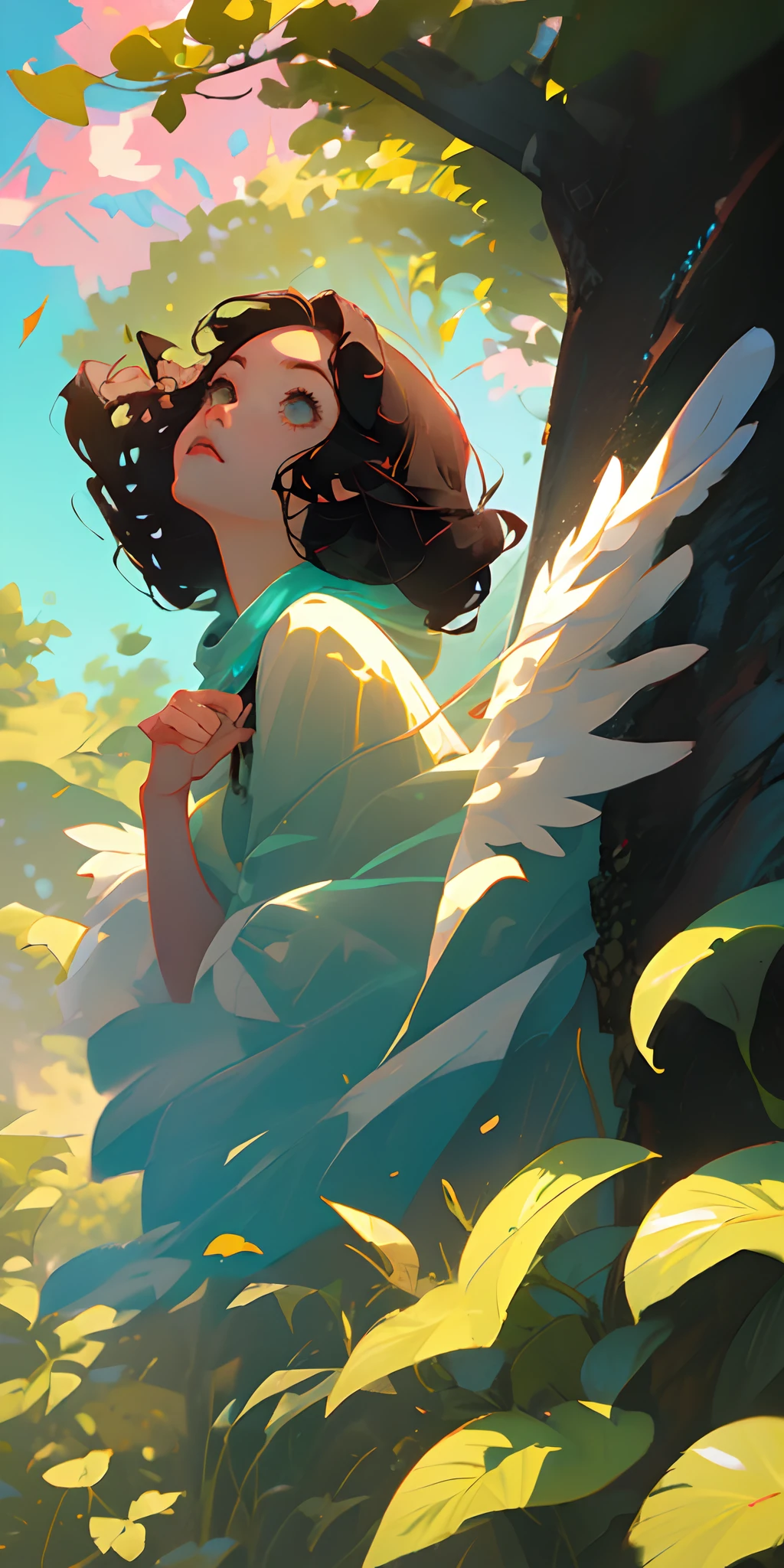 Girl, black curly hair, hazel eyes, angelic, anime, look up, falling leaves