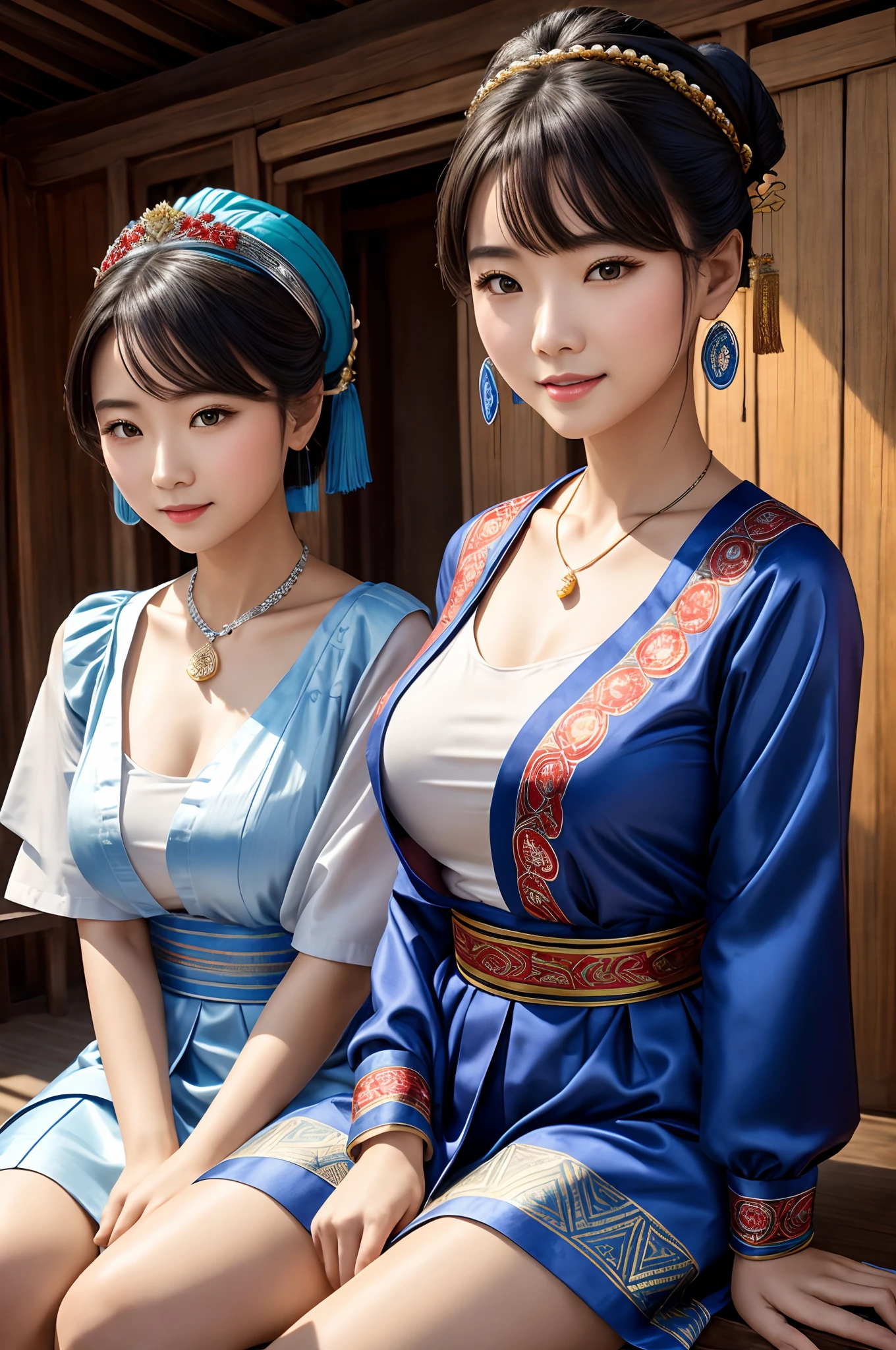 1girl, Chun li a little chubby, cute smiling, huge eyes, (a bit curvy, small breasts, round ass, (short sized torso), medium mouth, very thick lips, almond-shaped eyes, chestnut hair, Gorgeous body, Beautiful large head and very symmetrical face, sitting on a bench, she's holding a bowl, eating noodles, in an old Chinese street, there's an old bicycle against the wall. Very detailed and intricate environment, Very detailed clothing, street fighter, brown eyes, blue dress, ((pelvic curtain), (brown pantyhose), china dress), white cross-laced boots, bracelet, gold trim, jewelry, puffy sleeves, sash, short sleeves, side slit, spiked bracelet, spikes, double bun, hair accessories, Anime realism, cleavage, large nose, tan skin