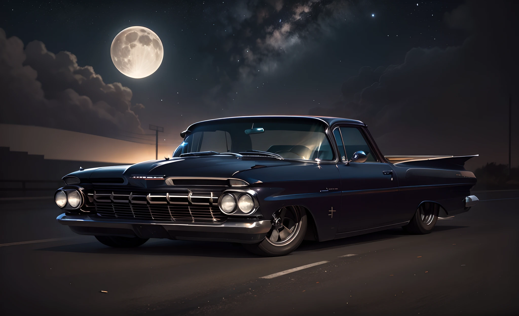 a towering black 1959 Chevy El Camino with its headlights on on an East Los Angeles street at night full of stars with Saturn appearing with the rings and comets crossing the sky and with the full moon illuminated and reflecting objects. Grafitti nos muros e carros e a rua molhada e refletiva com as faixas de pedestre . 1990, estilo gangster