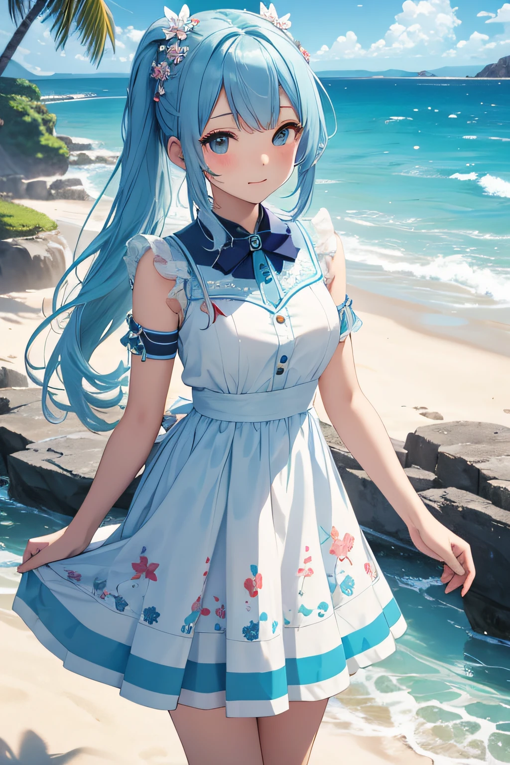 masterpiece、Background with((sea side、sand beach))、、a beauty girl、lightblue hair、Embroidery with attention to detail in the dress、skirt by the、perspiring、Hair wetness、Bunching hair、poneyTail、sexypose