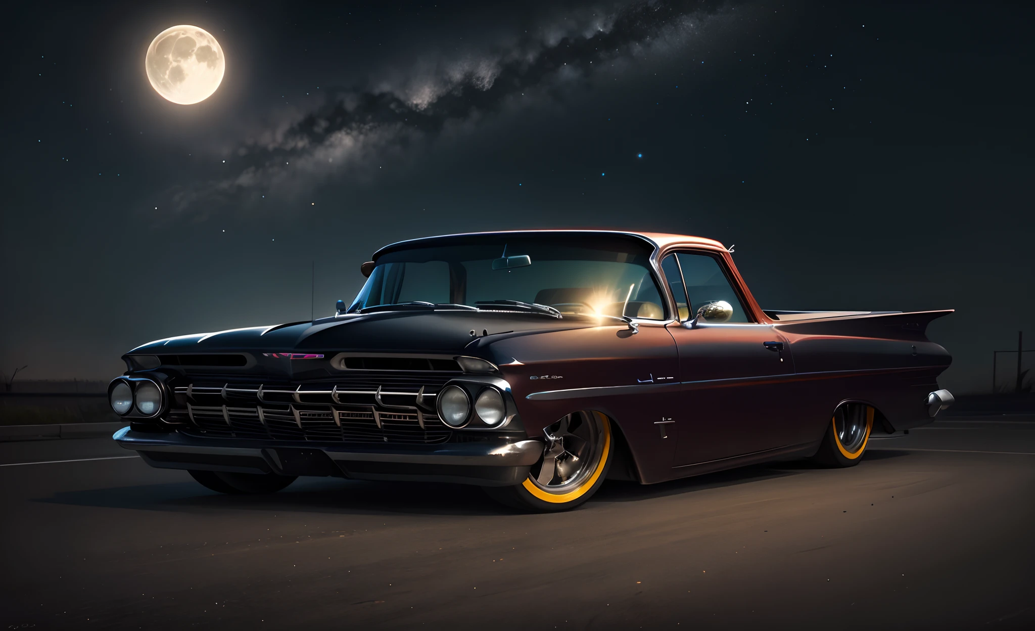 a towering black 1959 Chevy El Camino with its headlights on on an East Los Angeles street at night full of stars with Saturn appearing with the rings and comets crossing the sky and with the full moon illuminated and reflecting objects. Grafitti nos muros e carros e a rua molhada e refletiva com as faixas de pedestre . 1990, estilo gangster