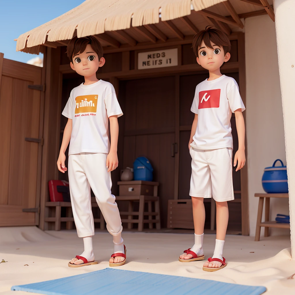un adolescente llamado Mike, Llevar una camiseta blanca, pantalones cortos rojos, chancletas, De pie en una playa