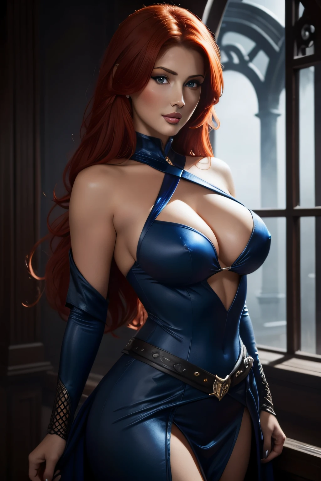 Noir painting of Lucy Pinder as a sexy redhead enchantress posing for a picture, super villainess in blue outfit (bare shoulders), looking at viewer, highly detailed face, subtle smile, red haired sorceress, evil, powerful, beautiful redhead woman, mesmerizing blue eyes, dark fantasy, real, high detail, best quality