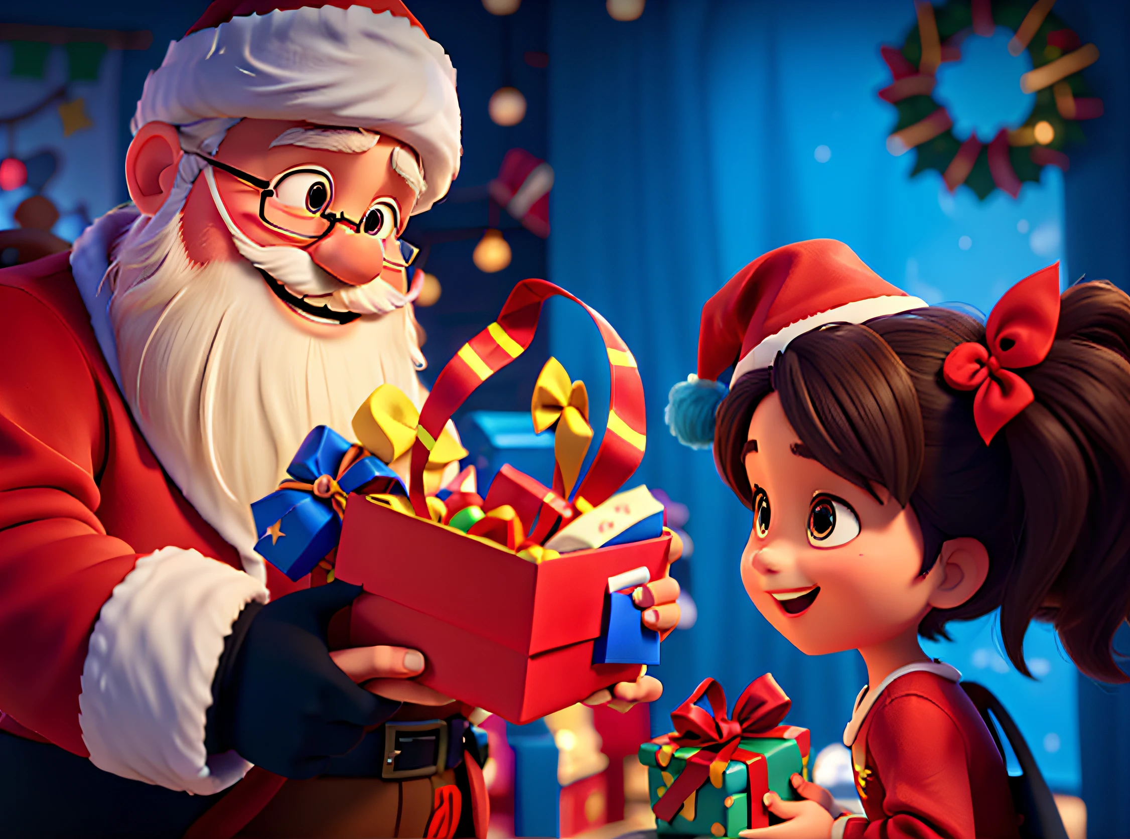 3D disney pixar style animation, Santa Claus delivering a gift to a happy child
