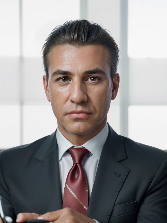 (best quality,4k,8k,highres,masterpiece:1.2),ultra-detailed,professional,sharp focus,physically-based rendering,[businessman],[formal suit],[sitting at desk],[serious expression],detailed facial features,studio lighting,vivid colors, High definition photograph of a businessman in formal suit sitting at his desk
