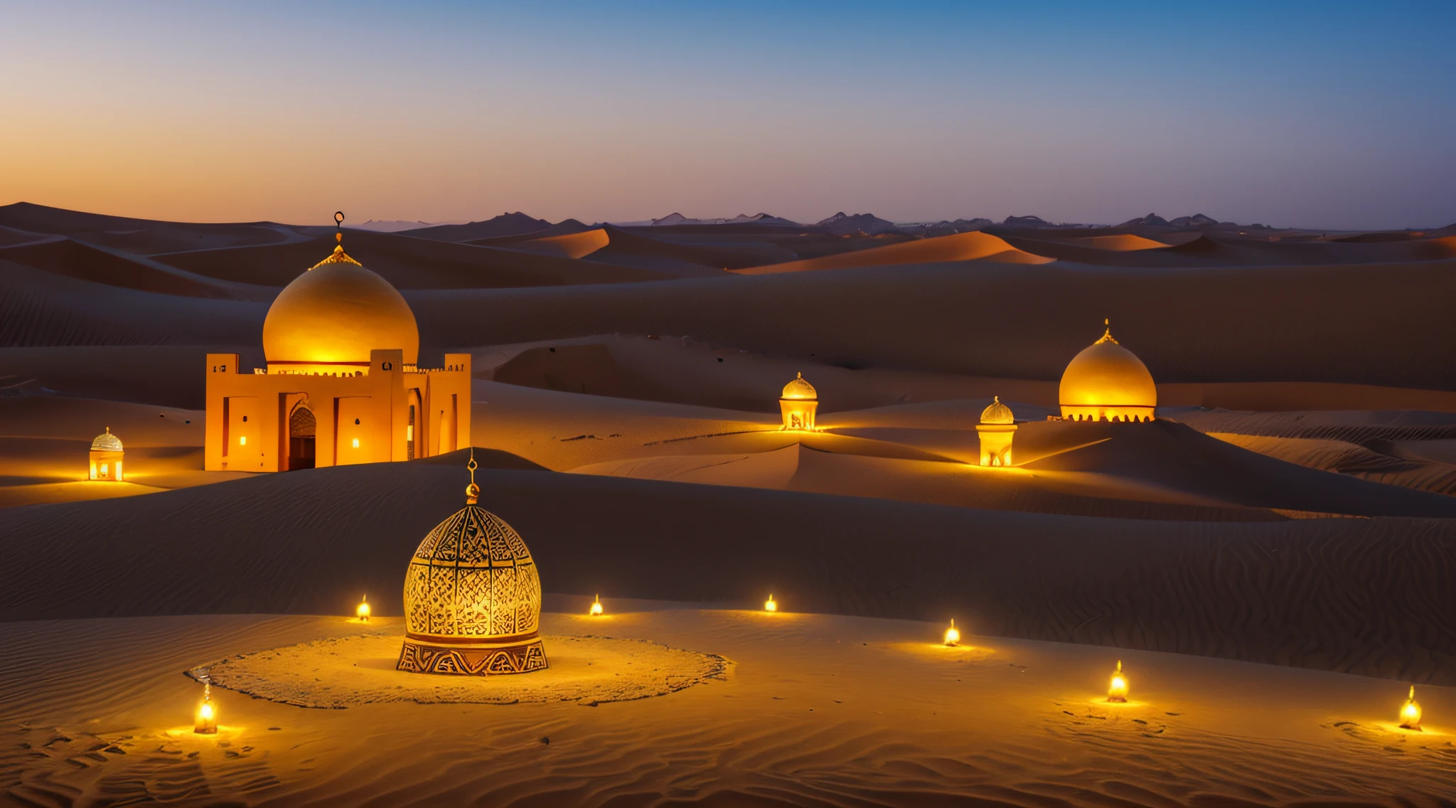 A landscape in Arabia reminiscent of the tales of the Arabian Nights, (best quality, Altas, master part:1.2) ultra-detalhado, (Realistic:1.37) breath-taking sunset, Golden sand dunes that stretch as far as the eye can see, camelos vagando graciosamente pelo vasto deserto, Mystical oasis with palm trees providing shade and tranquility, Ancient Arabic architecture with intricate patterns and domes, Vibrant market with colorful spices and exotic treasures, A magic carpet flying across the sky full of stars, Passionate belly dancers enchanting the audience, o cheiro de oud e incenso enchendo o ar, luz de velas quente iluminando a noite, creating a sense of enchantment and mystery.