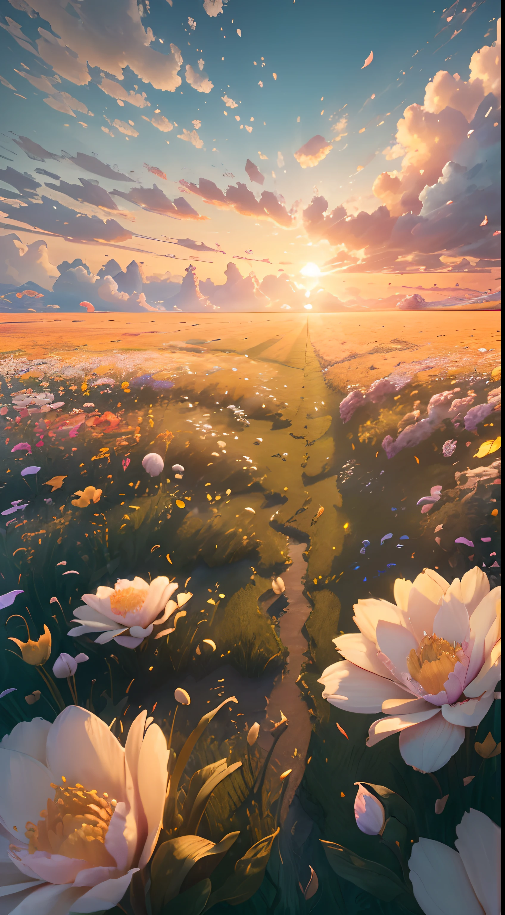 uma bela obra de arte, paisagem com muitas flores, primavera, nuvens e efeito solar