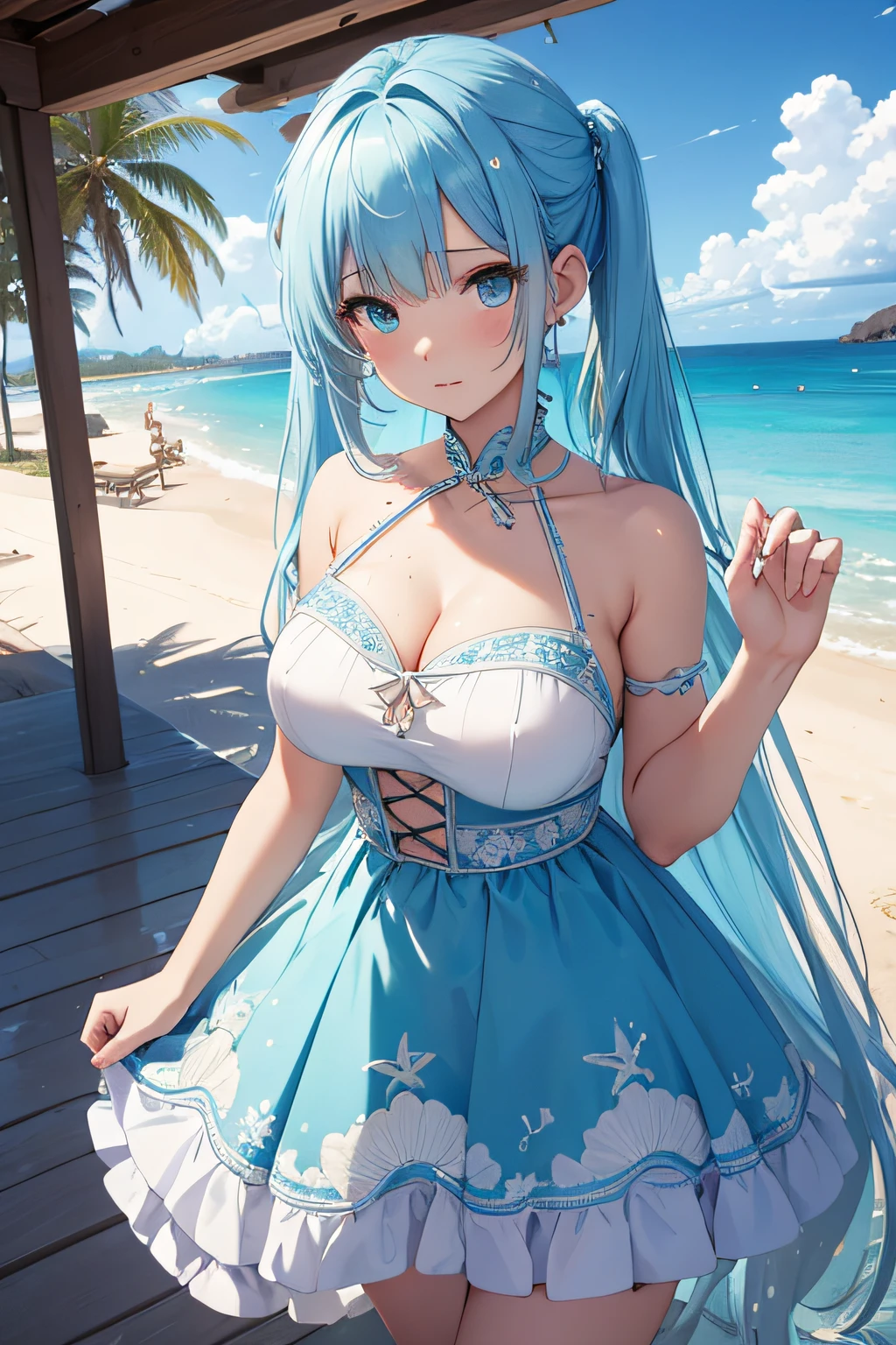 masterpiece、Background with((sea side、sand beach))、 student、a beauty girl、lightblue hair、huge tit、Embroidery with attention to detail in the dress、skirt by the、perspiring、Hair wetness、Bunching hair、poneyTail、sexypose