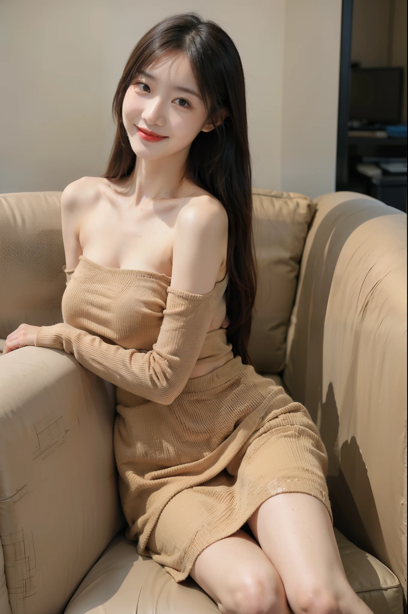 Woman in dress sitting on sofa, High image quality,long whitr hair,ssmile,mediuml breasts,Skirt that wraps hips,Shoulders exposed,a skirt,sexy for