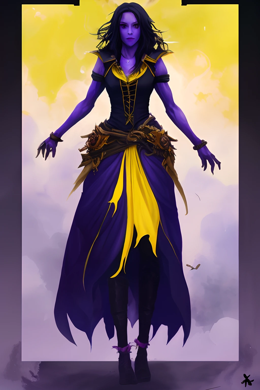 The woman about feet tall dark purple to yellow skin, yellow to pink dragon horns, black sclera purple eyes, yellow sharp claws four arms and silky black hair