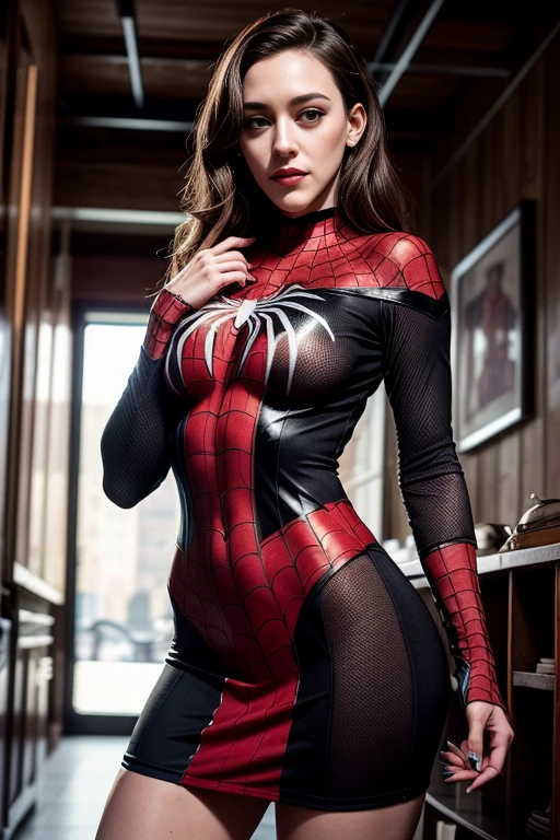 Kat Dennings、Sticking out the navel、newyork、She wears a torn Spider-Man suit,wearing skirt、 Red and black color scheme,Dynamic、​masterpiece、top-quality、ultra-detailliert、ighly detailed、beautiful detailed brilliance、超A high resolution